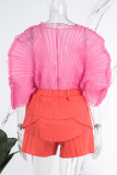 Rose Red Casual Solid Patchwork Fold Mesh O Neck Half Sleeve Two Pieces