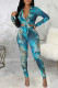 Cyan Casual Print Patchwork Buttons Turndown Collar Long Sleeve Two Pieces