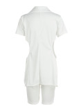 White Sexy Solid Ripped Turndown Collar Short Sleeve Two Pieces