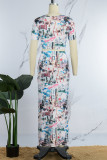 Multicolor Street Print Patchwork O Neck Short Sleeve Two Pieces