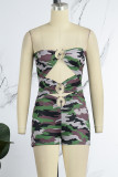 Camouflage Street Camouflage Print Hollowed Out Patchwork Metal Accessories Decoration Backless Strapless Skinny Rompers
