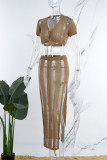Khaki Sexy Leopard Hollowed Out High Opening Cross Straps U Neck Short Sleeve Two Pieces