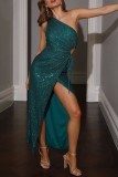 Pink Sexy Formal Patchwork Hollowed Out Sequins Frenulum Slit Oblique Collar Evening Dress Dresses