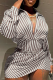 White Brown Sexy Striped Patchwork Slit Turndown Collar Wrapped Skirt Dresses(Without Belt )