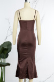 Brown Sexy Casual Solid Backless Square Collar Sling Dress Dresses