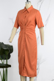Orange Casual Solid Slit Turndown Collar Shirt Dress Dresses