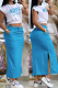Blue Casual Letter Patchwork Slit O Neck Short Sleeve Two Pieces