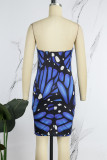 Blue Sexy Print Patchwork Backless Strapless One Step Skirt Dresses