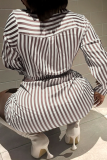 White Brown Sexy Striped Patchwork Slit Turndown Collar Wrapped Skirt Dresses(Without Belt )