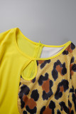 Yellow Elegant Leopard Hollowed Out Slit O Neck Wrapped Skirt Dresses