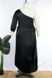 Burgundy Elegant Solid Patchwork Draw String Fold Oblique Collar One Step Skirt Plus Size Dresses