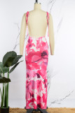 Pink Elegant Print Frenulum Backless Spaghetti Strap One Step Skirt Dresses