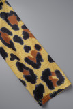 Yellow Elegant Leopard Hollowed Out Slit O Neck Wrapped Skirt Dresses