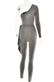 Grey Sexy Solid Hollowed Out Patchwork Frenulum Oblique Collar Skinny Jumpsuits