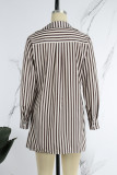 White Brown Sexy Striped Patchwork Slit Turndown Collar Wrapped Skirt Dresses(Without Belt )