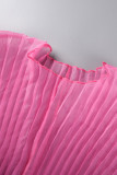 Rose Red Casual Solid Patchwork Fold Mesh O Neck Half Sleeve Two Pieces