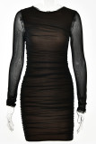Black Sexy Solid Patchwork See-through Fold Mesh O Neck Wrapped Skirt Dresses