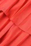 Rose Red Casual Solid Patchwork Fold Mesh O Neck Half Sleeve Two Pieces