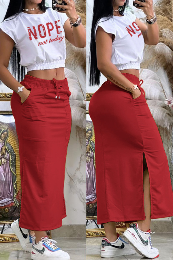 Red Casual Letter Patchwork Slit O Neck Short Sleeve Two Pieces