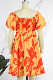 Red Casual Print Backless Fold Strap Design U Neck A Line Dresses