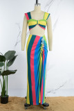 Red Sexy Print Patchwork Backless Slit Spaghetti Strap Sleeveless Two Pieces