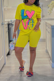 Yellow Casual Daily Living Letter Print Printing Solid Color O Neck Short Sleeve Two Pieces