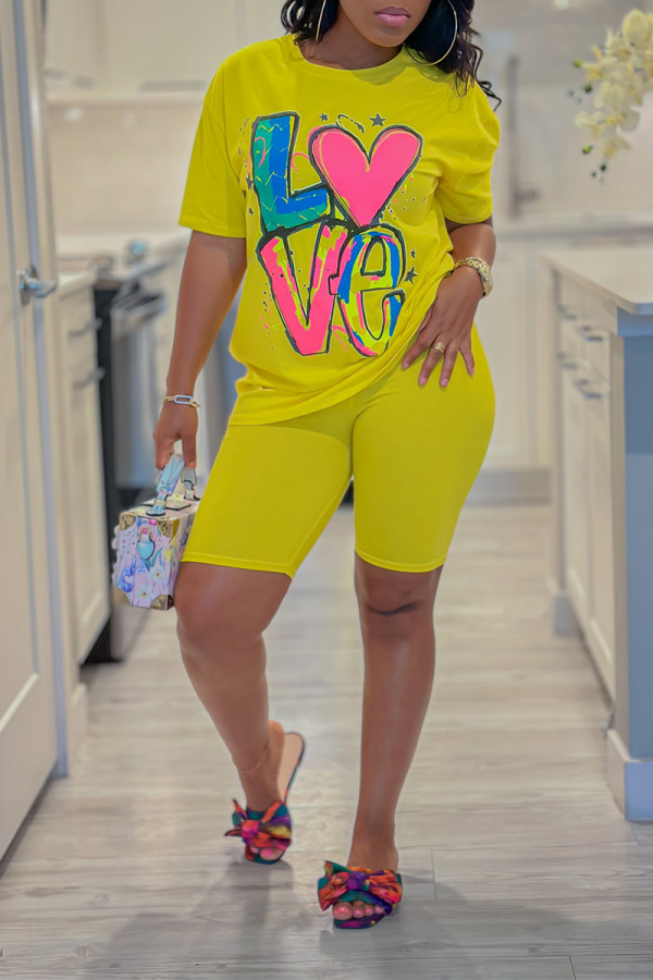 Yellow Casual Daily Living Letter Print Printing Solid Color O Neck Short Sleeve Two Pieces