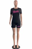 Red Casual Print Letter O Neck Short Sleeve Two Pieces