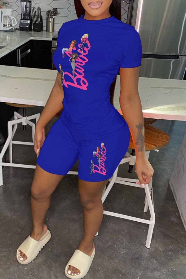 Blue Casual Character Print Letter O Neck Short Sleeve Two Pieces