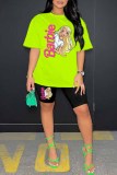 Ginger Casual Character Print Letter O Neck Short Sleeve Two Pieces