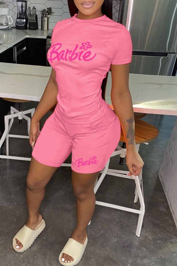 Pink Casual Print Letter O Neck Short Sleeve Two Pieces