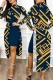 Blue Yellow Casual Print Patchwork Turtleneck Long Sleeve Two Pieces