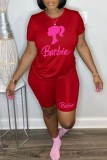 Red Casual Print Basic O Neck Short Sleeve Two Pieces