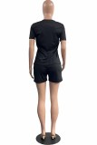 Red Casual Print Letter O Neck Short Sleeve Two Pieces