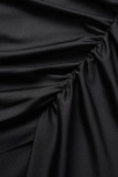 Black Sexy Solid Backless Slit Fold V Neck Wrapped Skirt Dresses