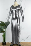 Silver Sexy Solid Backless O Neck Long Dress Dresses