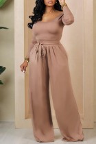 Light Brown Casual Solid Basic O Neck Long Sleeve Two Pieces