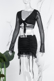 Black Sexy Solid Bandage Hollowed Out V Neck Long Sleeve Two Pieces