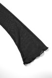Black Sexy Solid Bandage Hollowed Out V Neck Long Sleeve Two Pieces