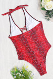 Red Sexy Animal Print Hollowed Out Patchwork Backless Swimwears