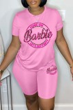 Pink Casual Sportswear Letter Print Basic O Neck Short Sleeve Two Pieces
