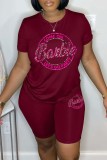 Pink Casual Sportswear Letter Print Basic O Neck Short Sleeve Two Pieces