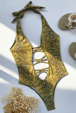 Yellow Sexy Animal Print Hollowed Out Patchwork Backless Swimwears