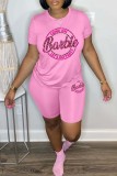 Pink Casual Sportswear Letter Print Basic O Neck Short Sleeve Two Pieces