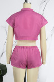 Rose Red Casual Solid Patchwork Turndown Collar Short Sleeve Two Pieces