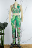 Green Street Floral Patchwork Frenulum Backless Halter Sleeveless Two Pieces