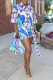 Blue Casual Daily Elegant Vacation Print Cardigan Printing Turndown Collar Short Sleeve Two Pieces