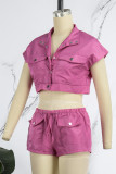 Rose Red Casual Solid Patchwork Turndown Collar Short Sleeve Two Pieces