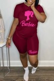 Red Casual Print Basic O Neck Short Sleeve Two Pieces