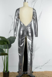 Silver Sexy Solid Backless O Neck Long Dress Dresses